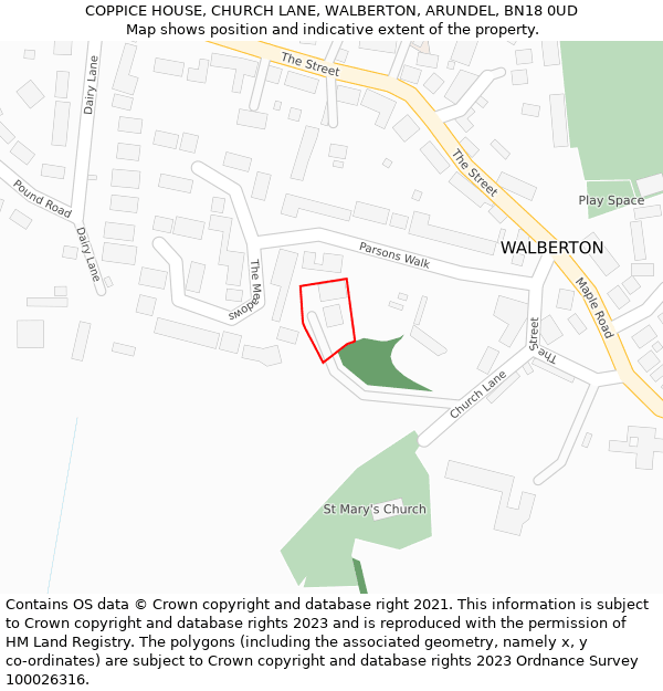 COPPICE HOUSE, CHURCH LANE, WALBERTON, ARUNDEL, BN18 0UD: Location map and indicative extent of plot