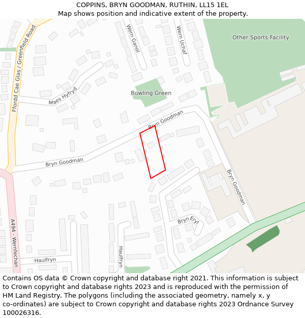 COPPINS, BRYN GOODMAN, RUTHIN, LL15 1EL: Location map and indicative extent of plot