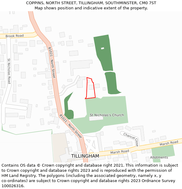 COPPINS, NORTH STREET, TILLINGHAM, SOUTHMINSTER, CM0 7ST: Location map and indicative extent of plot