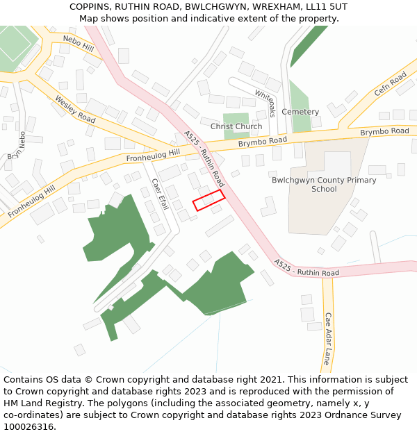 COPPINS, RUTHIN ROAD, BWLCHGWYN, WREXHAM, LL11 5UT: Location map and indicative extent of plot
