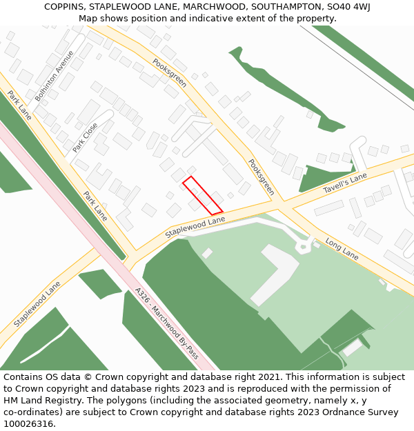 COPPINS, STAPLEWOOD LANE, MARCHWOOD, SOUTHAMPTON, SO40 4WJ: Location map and indicative extent of plot