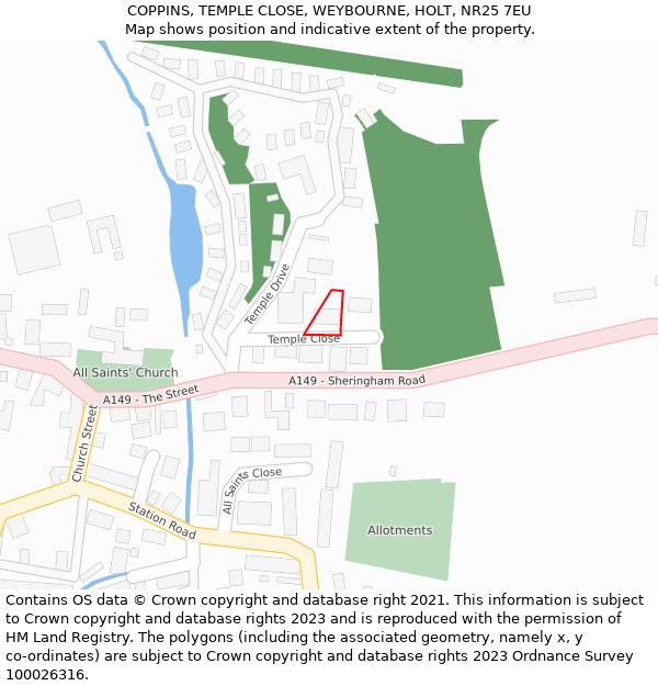 COPPINS, TEMPLE CLOSE, WEYBOURNE, HOLT, NR25 7EU: Location map and indicative extent of plot