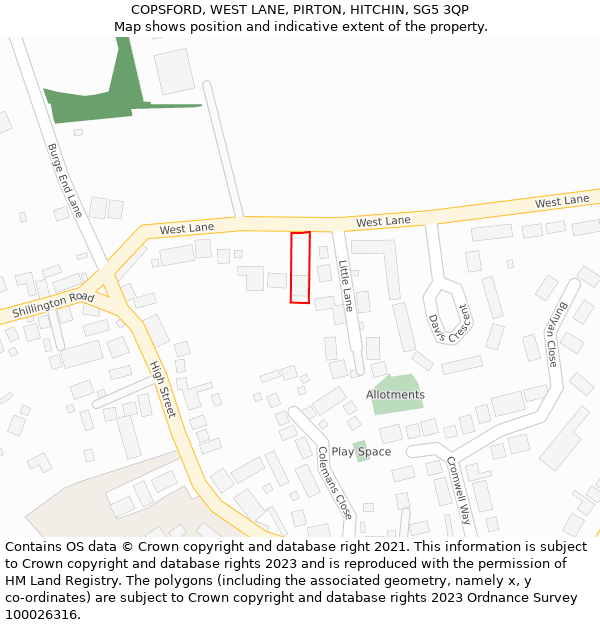 COPSFORD, WEST LANE, PIRTON, HITCHIN, SG5 3QP: Location map and indicative extent of plot