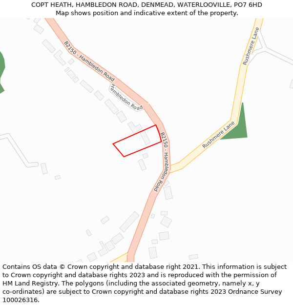 COPT HEATH, HAMBLEDON ROAD, DENMEAD, WATERLOOVILLE, PO7 6HD: Location map and indicative extent of plot