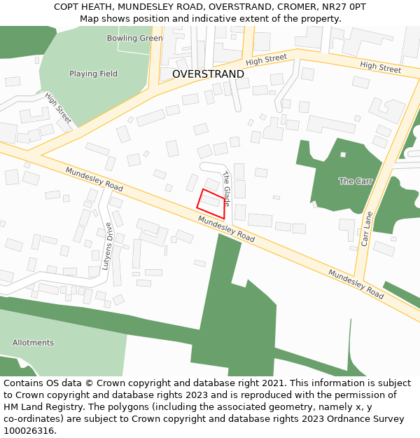 COPT HEATH, MUNDESLEY ROAD, OVERSTRAND, CROMER, NR27 0PT: Location map and indicative extent of plot