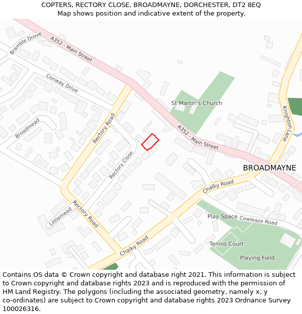 COPTERS, RECTORY CLOSE, BROADMAYNE, DORCHESTER, DT2 8EQ: Location map and indicative extent of plot