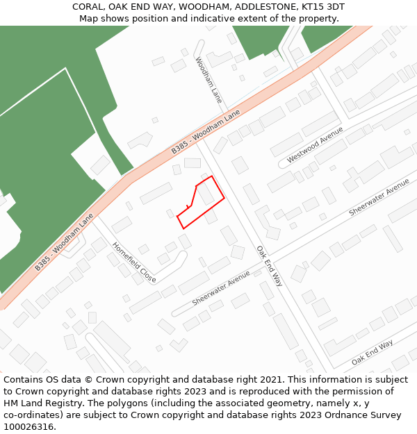 CORAL, OAK END WAY, WOODHAM, ADDLESTONE, KT15 3DT: Location map and indicative extent of plot