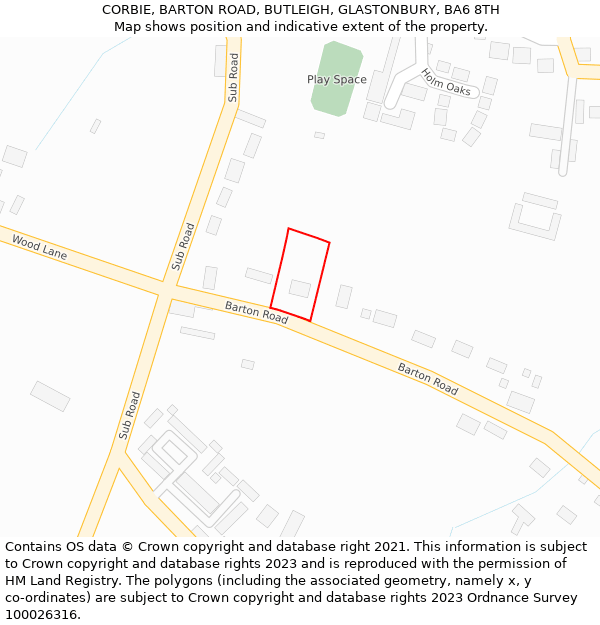 CORBIE, BARTON ROAD, BUTLEIGH, GLASTONBURY, BA6 8TH: Location map and indicative extent of plot
