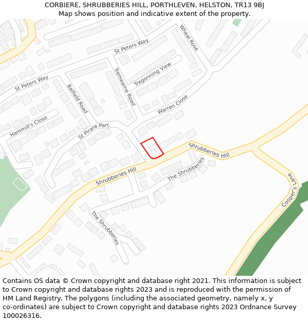 CORBIERE, SHRUBBERIES HILL, PORTHLEVEN, HELSTON, TR13 9BJ: Location map and indicative extent of plot