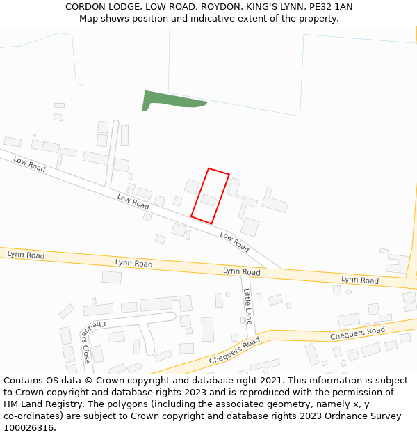 CORDON LODGE, LOW ROAD, ROYDON, KING'S LYNN, PE32 1AN: Location map and indicative extent of plot