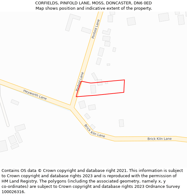 CORFIELDS, PINFOLD LANE, MOSS, DONCASTER, DN6 0ED: Location map and indicative extent of plot