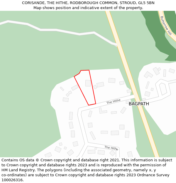 CORISANDE, THE HITHE, RODBOROUGH COMMON, STROUD, GL5 5BN: Location map and indicative extent of plot