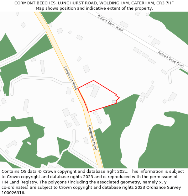 CORMONT BEECHES, LUNGHURST ROAD, WOLDINGHAM, CATERHAM, CR3 7HF: Location map and indicative extent of plot