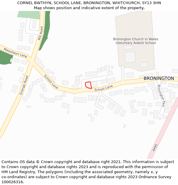 CORNEL BWTHYN, SCHOOL LANE, BRONINGTON, WHITCHURCH, SY13 3HN: Location map and indicative extent of plot