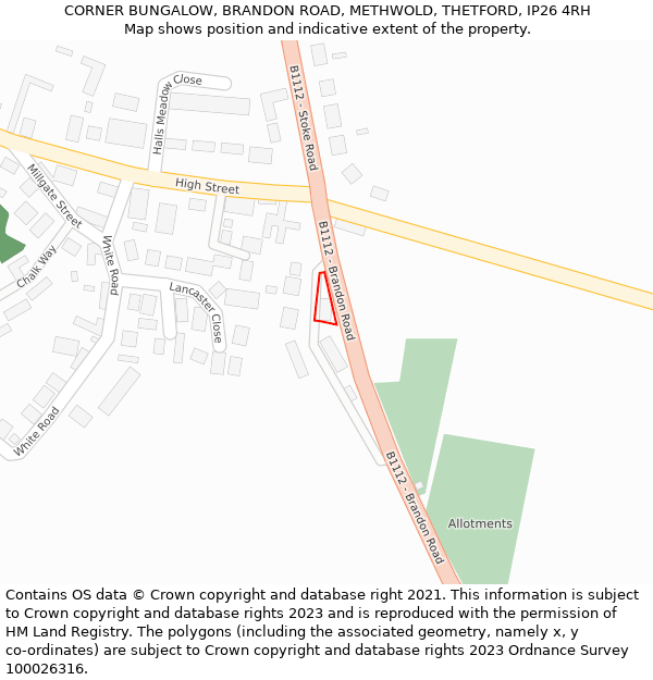 CORNER BUNGALOW, BRANDON ROAD, METHWOLD, THETFORD, IP26 4RH: Location map and indicative extent of plot