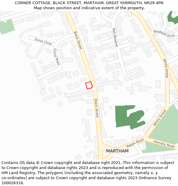 CORNER COTTAGE, BLACK STREET, MARTHAM, GREAT YARMOUTH, NR29 4PN: Location map and indicative extent of plot