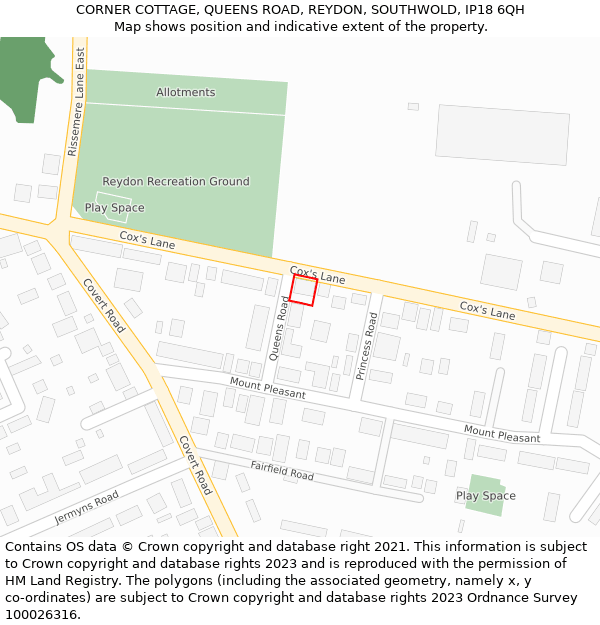 CORNER COTTAGE, QUEENS ROAD, REYDON, SOUTHWOLD, IP18 6QH: Location map and indicative extent of plot