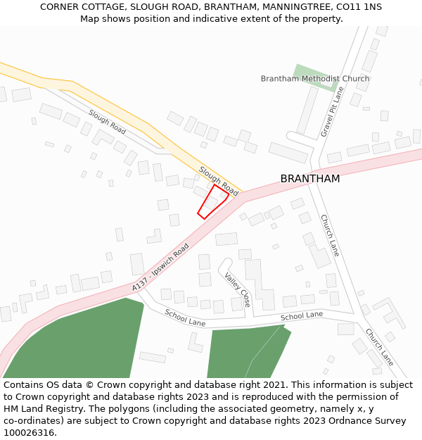 CORNER COTTAGE, SLOUGH ROAD, BRANTHAM, MANNINGTREE, CO11 1NS: Location map and indicative extent of plot