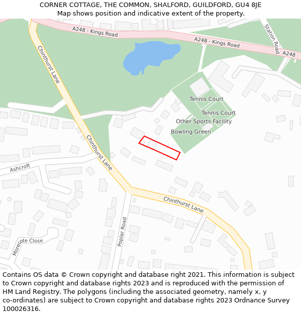 CORNER COTTAGE, THE COMMON, SHALFORD, GUILDFORD, GU4 8JE: Location map and indicative extent of plot