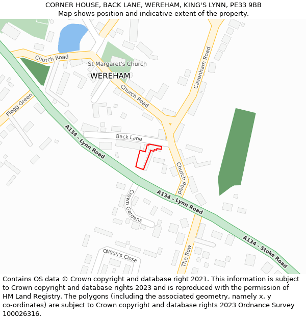 CORNER HOUSE, BACK LANE, WEREHAM, KING'S LYNN, PE33 9BB: Location map and indicative extent of plot