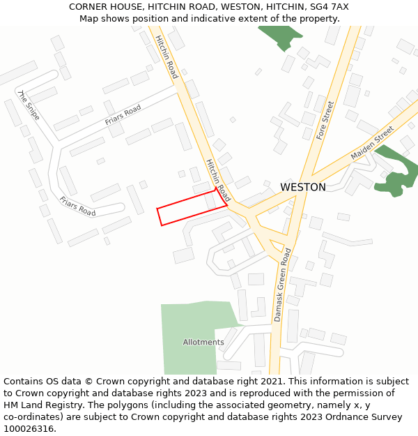 CORNER HOUSE, HITCHIN ROAD, WESTON, HITCHIN, SG4 7AX: Location map and indicative extent of plot