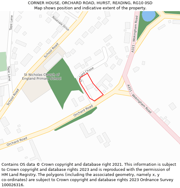 CORNER HOUSE, ORCHARD ROAD, HURST, READING, RG10 0SD: Location map and indicative extent of plot