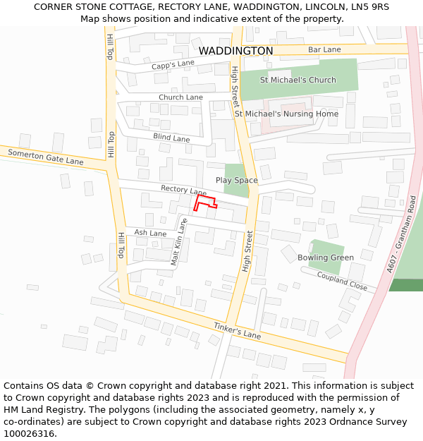 CORNER STONE COTTAGE, RECTORY LANE, WADDINGTON, LINCOLN, LN5 9RS: Location map and indicative extent of plot