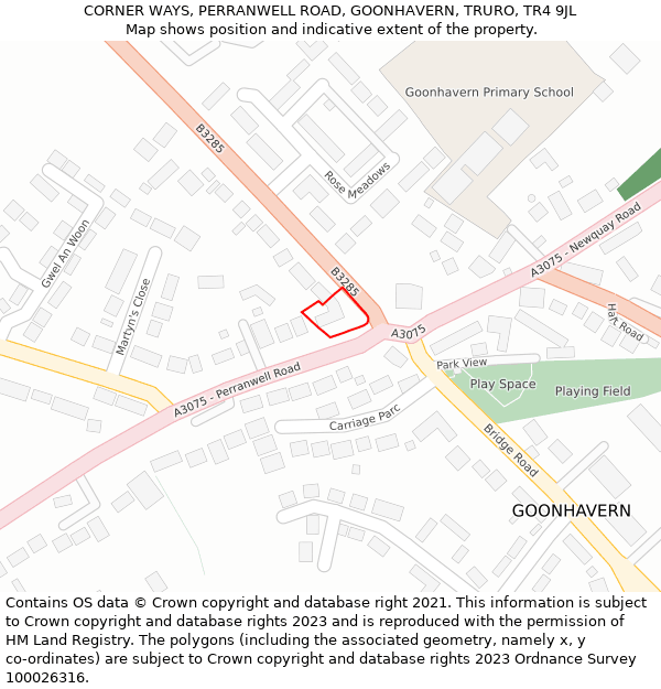 CORNER WAYS, PERRANWELL ROAD, GOONHAVERN, TRURO, TR4 9JL: Location map and indicative extent of plot