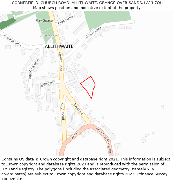 CORNERFIELD, CHURCH ROAD, ALLITHWAITE, GRANGE-OVER-SANDS, LA11 7QH: Location map and indicative extent of plot