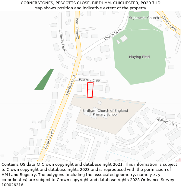 CORNERSTONES, PESCOTTS CLOSE, BIRDHAM, CHICHESTER, PO20 7HD: Location map and indicative extent of plot