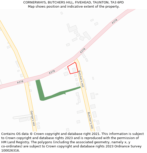 CORNERWAYS, BUTCHERS HILL, FIVEHEAD, TAUNTON, TA3 6PD: Location map and indicative extent of plot