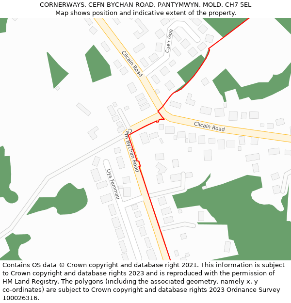 CORNERWAYS, CEFN BYCHAN ROAD, PANTYMWYN, MOLD, CH7 5EL: Location map and indicative extent of plot