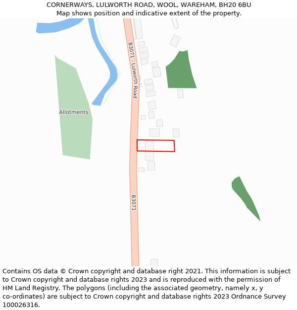 CORNERWAYS, LULWORTH ROAD, WOOL, WAREHAM, BH20 6BU: Location map and indicative extent of plot