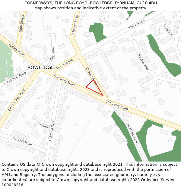 CORNERWAYS, THE LONG ROAD, ROWLEDGE, FARNHAM, GU10 4DH: Location map and indicative extent of plot