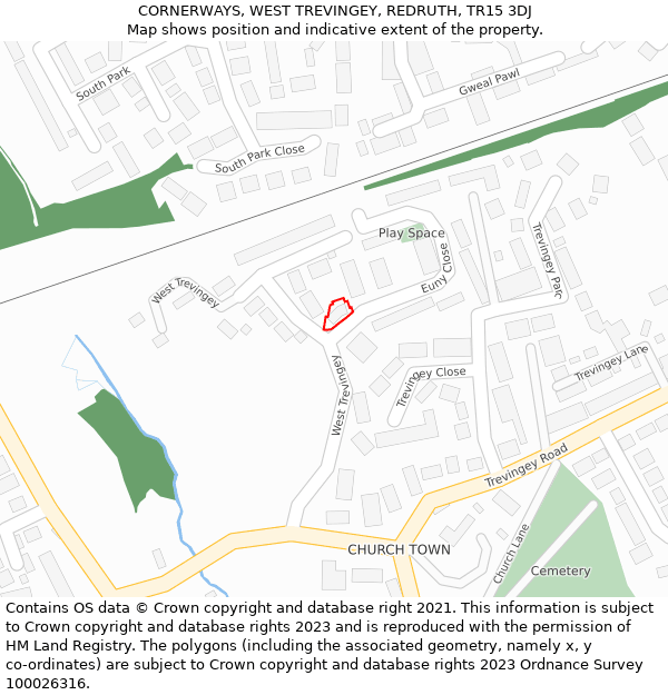 CORNERWAYS, WEST TREVINGEY, REDRUTH, TR15 3DJ: Location map and indicative extent of plot