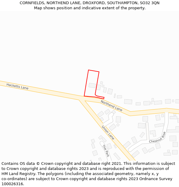 CORNFIELDS, NORTHEND LANE, DROXFORD, SOUTHAMPTON, SO32 3QN: Location map and indicative extent of plot