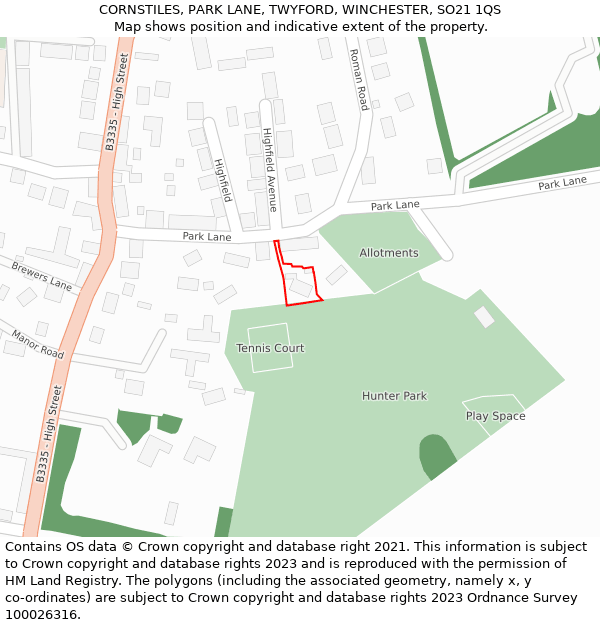 CORNSTILES, PARK LANE, TWYFORD, WINCHESTER, SO21 1QS: Location map and indicative extent of plot