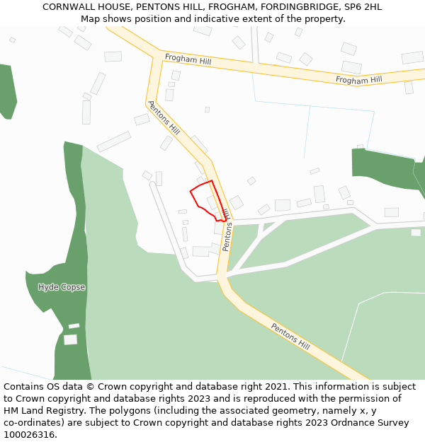 CORNWALL HOUSE, PENTONS HILL, FROGHAM, FORDINGBRIDGE, SP6 2HL: Location map and indicative extent of plot
