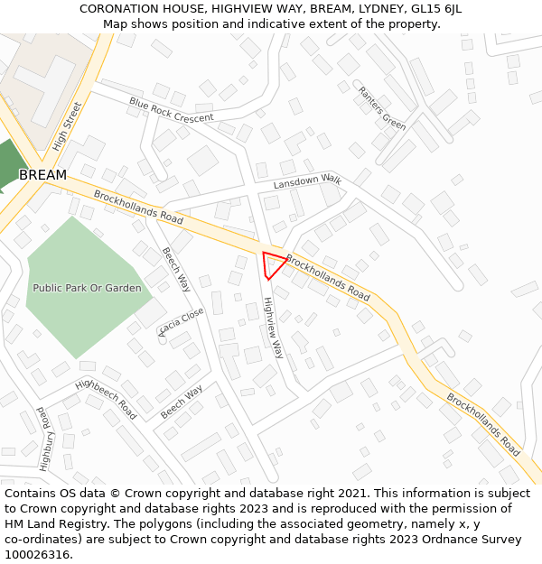CORONATION HOUSE, HIGHVIEW WAY, BREAM, LYDNEY, GL15 6JL: Location map and indicative extent of plot