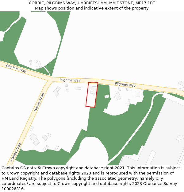 CORRIE, PILGRIMS WAY, HARRIETSHAM, MAIDSTONE, ME17 1BT: Location map and indicative extent of plot