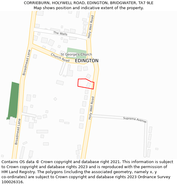 CORRIEBURN, HOLYWELL ROAD, EDINGTON, BRIDGWATER, TA7 9LE: Location map and indicative extent of plot