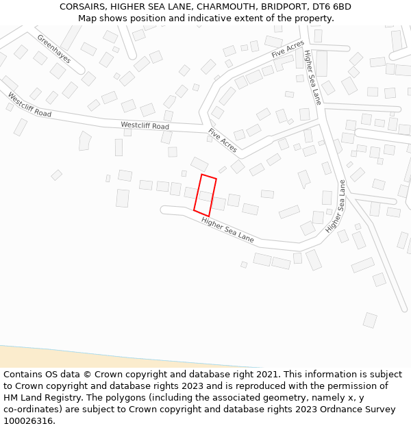 CORSAIRS, HIGHER SEA LANE, CHARMOUTH, BRIDPORT, DT6 6BD: Location map and indicative extent of plot