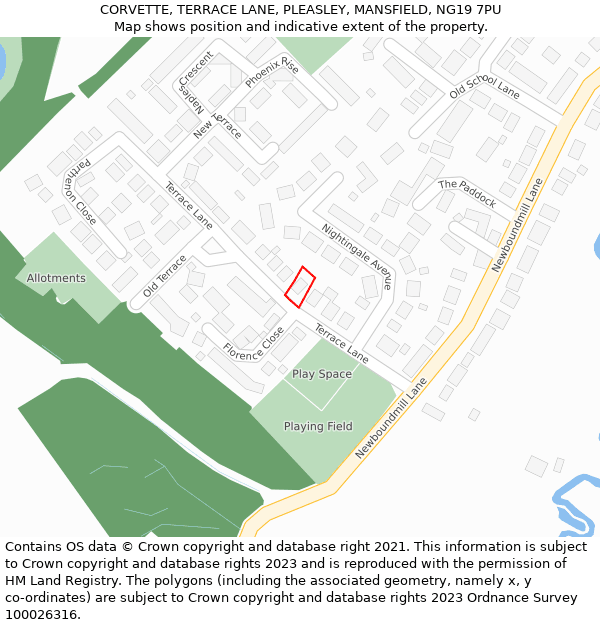 CORVETTE, TERRACE LANE, PLEASLEY, MANSFIELD, NG19 7PU: Location map and indicative extent of plot