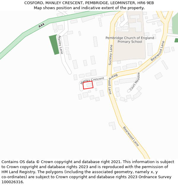 COSFORD, MANLEY CRESCENT, PEMBRIDGE, LEOMINSTER, HR6 9EB: Location map and indicative extent of plot
