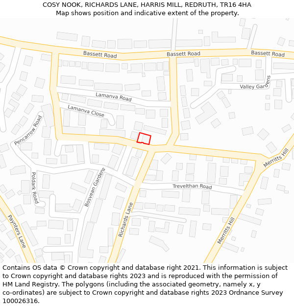 COSY NOOK, RICHARDS LANE, HARRIS MILL, REDRUTH, TR16 4HA: Location map and indicative extent of plot