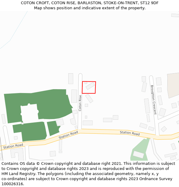COTON CROFT, COTON RISE, BARLASTON, STOKE-ON-TRENT, ST12 9DF: Location map and indicative extent of plot