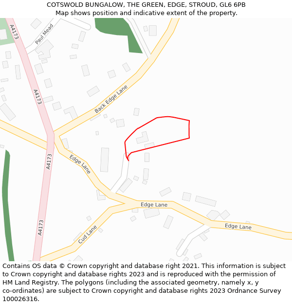 COTSWOLD BUNGALOW, THE GREEN, EDGE, STROUD, GL6 6PB: Location map and indicative extent of plot