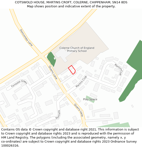 COTSWOLD HOUSE, MARTINS CROFT, COLERNE, CHIPPENHAM, SN14 8DS: Location map and indicative extent of plot