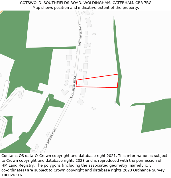 COTSWOLD, SOUTHFIELDS ROAD, WOLDINGHAM, CATERHAM, CR3 7BG: Location map and indicative extent of plot