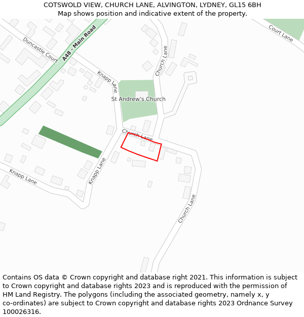 COTSWOLD VIEW, CHURCH LANE, ALVINGTON, LYDNEY, GL15 6BH: Location map and indicative extent of plot